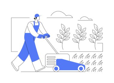 İzole edilmiş vektör çizimlerini biçerek yabani otları kontrol etmek. Tarlada biçme makinesi olan çiftçi, modern tarım, organik tarım endüstrisi, bahçe ekipmanları vektör karikatürü.
