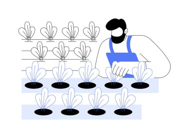 Sentetik gübre, karikatür vektör çizimlerini izole etti. Toprağı ottan korumak için sentetik gübre kullanan çiftçi, modern tarım, organik tarım endüstrisi, ot kontrol vektör karikatürü.