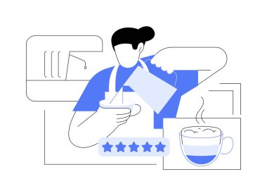 Mükemmel kapuçino izole edilmiş karikatür vektör çizimleri. Kafede cappuccino yapan genç barista, insanların yaşam tarzı, restoranda yemek yemek, barmenlik işi çizgi filmi.