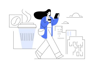 Coffee on the way isolated cartoon vector illustrations. Young woman holding phone, waking and drinking coffee, people lifestyle, on the way to work, morning rituals vector cartoon.