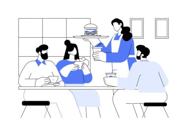 Meslektaşlarımla öğle yemeği izole edilmiş karikatür vektör çizimleri. Kahvede öğle yemeği yiyen gülümseyen meslektaşlar, insanların yaşam tarzı, restoranda yemek yemek, garson vektör karikatürü siparişi alır..