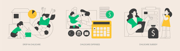 Набор абстрактных векторных иллюстраций для детского сада. Услуги по уходу за детьми, расходы на уход за детьми, субсидии по уходу за детьми, семейный бюджет, детская комната, детский сад на неполный рабочий день, абстрактная метафора налогового кредита.