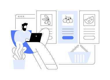 İnternetten izole edilmiş çizgi film çizimleri seçiyorum. Adam internetten yemek sipariş ediyor, internetten yemek dağıtımı yapıyor, market alışverişi yapıyor, ev vektörü çizgi filminden ürünler alıyor..