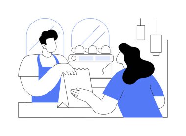 Karikatür vektör çizimleri sipariş et. Maskeli kadın restoranda sipariş veriyor, kaldırım kenarında servis yapıyor, yiyecek ve içecek alıyor, koronavirüs salgını çarpı vektör karikatürü alıyor..