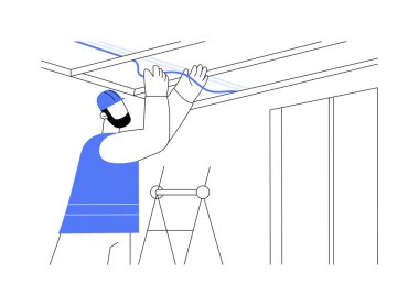 Elektrik kabloları soyut konsept vektör çizimi. Elektrikçi yeni bir eve kablo döşedi, konut alanı inşaatı, inşaat süreci, kamu hizmetleri altyapısı soyut metaforu.