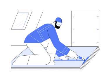 Soyut konsept vektör illüstrasyonunu kesiyorum. Profesyonel müteahhit alçıpanı ölçüyor ve kesiyor, ev inşa süreci, apartman onarımı, inşaat hizmetleri soyut metaforu.