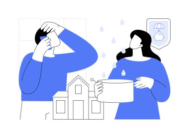 Ev garantisi soyut konsept vektör çizimi. Genç çift, yeni evin çatısının sızdırılmasından endişe ediyor. İnsanlar teftiş hizmeti istiyor. Ev garantisi, soyut metafor..