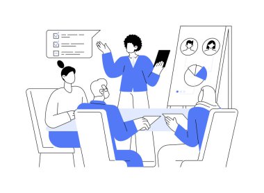 Eğitim anketi mülakatları soyut konsept vektör çizimi. Personel toplantısı, sosyal bilimler ve hareket sırasındaki çeşitli denetçiler grubu, kamuoyu yoklaması çalışanları soyut metafor.