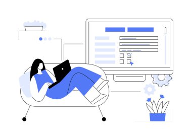 Çevrimiçi araştırma, soyut konsept vektör çizimi. Vatandaş, dizüstü bilgisayar, sosyal bilimler, bilgisayar destekli internet röportajı, internet anketi, CAWI tekniği soyut metaforu ile çevrimiçi anket alır.