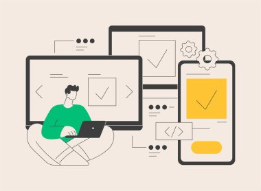 Platformlar arası gelişim soyut konsept vektör çizimi. Çapraz platform işletim sistemleri, uyumlu yazılım ortamları, mobil uygulama kullanıcı deneyimi, kod yazma soyut metaforu.