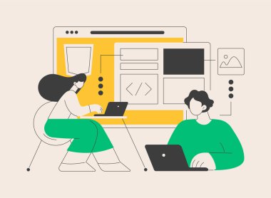 HTML5 web sitesi geliştirme soyut konsept vektör çizimi. HTML5 geliştirme, web sitesi tasarım ögesi, menü çubuğu, ilgili iniş sayfası, kullanıcı deneyimi soyut metaforu.