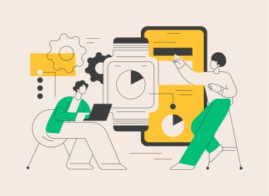 Giyilebilir mobil uygulama geliştirme soyut konsept vektör çizimi. Giyilebilir mobil cihaz uygulaması, yazılım geliştirme ekibi, uygulama tasarımı, web sitesi sayfası, UI ögesi soyut metaforu.