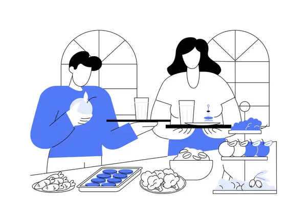 Vegetarisch Buffet Geïsoleerde Cartoon Vector Illustraties Groep Gelukkige Mensen Dineren — Stockvector