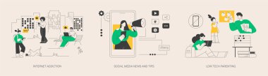 İnternette yaşayan soyut konsept vektör çizimi. İnternet bağımlılığı, sosyal medya haberleri ve ipuçları, düşük teknoloji ebeveynlik, dijital aşırı yükleme, ekran zaman sınırları, internet aşırı kullanımı soyut metafor.