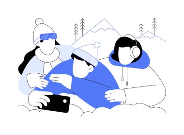 Winter Park eğlencesi karikatür vektör çizimleri. Arkadaşlar lunaparkta selfie çekerler, kış sporlarına giderler ve birlikte eğlenirler, karlı hava, açık hava aktiviteleri vektör karikatürü..