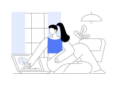 Yoga isolated cartoon vector illustrations. Sporty girl has yoga training and watching exercises using laptop, slim body, stretching training at home, workout activity vector cartoon.