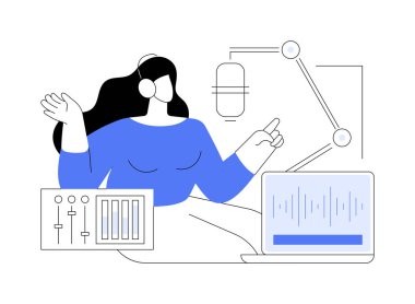 Podcast karikatür vektör çizimleri kaydediyor. Mutlu kadın mikrofona konuşuyor, blogu için podcast yapıyor, yaratıcı aktiviteler, modern hobi, konuşma vektör karikatürü kaydediyor..
