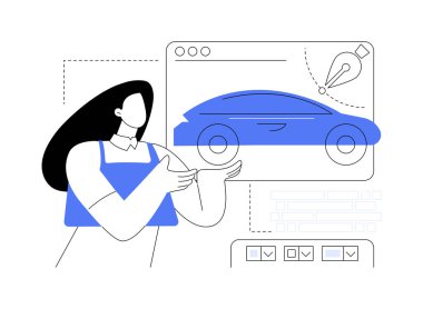 Araba dış tasarımı soyut konsept vektör çizimi. Otomotiv tasarımcısı araba dış tasarımı, araba imalatı, mühendislik endüstrisi, araç görünümü gelişimi soyut metafor.
