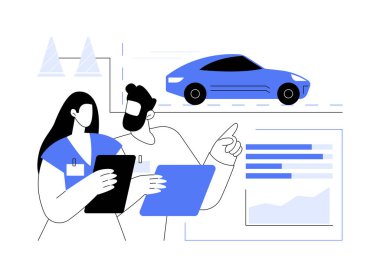 On-road model doğrulaması soyut konsept vektör çizimi. Mühendisler otomotiv, otomotiv endüstrisi, araç imalatı, ulaşım sektörü soyut metaforu kullanarak araçları yolda test ediyorlar.