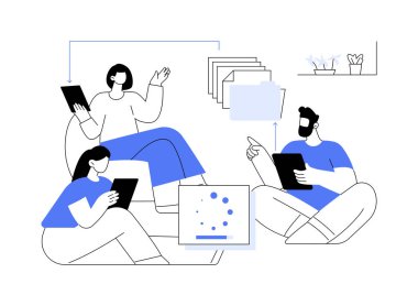 Çevrimiçi soyut konsept vektör illüstrasyonunu paylaşıyorum. Tabletleri olan bir grup insan online dosya paylaşımı, akıllı iş teknolojisi, şirket takım çalışması metaforu.