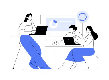 Senkronize erişim izole çizgi film çizimleri. Planları birlikte tartışan bir grup insan, senkronize erişim uygulaması, akıllı sınıflar, veri görselleştirme, çevrimiçi öğrenme vektörü karikatürü.