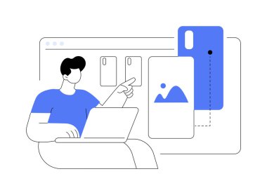 Smartphone skins isolated cartoon vector illustrations. Man with laptop makes order online, buying custom phone skins, mobile technology, creative gadgets accessories vector cartoon.