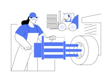 Kamyon şasisi, soyut konsept vektör çizimi. Kamyon şasisi yapan fabrika işçisi, otomotiv endüstrisi, araba üretim süreci, kargo üretim hattı soyut metafor.