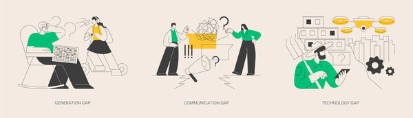 People diversity abstract concept vector illustration set. Generation and communication gap, technology gap, society development, information exchange, digital divide, relationship abstract metaphor.