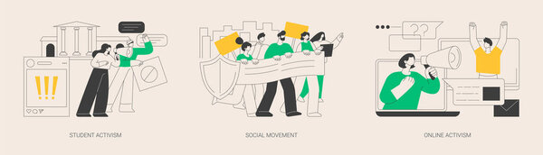 Набор абстрактных векторных иллюстраций политических и социальных изменений. Студенческий и онлайн-активизм, социальное движение, большая толпа, массовый протест, групповые акции, абстрактная метафора цифровой коммуникации.