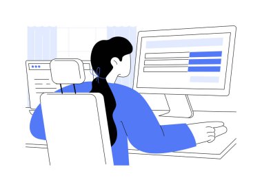 Çevrimiçi uygulama karikatür vektör çizimlerini izole etti. Kadın iş kredisi için bilgisayar kullanarak bir form doldurur, başlangıç sermayesi, çevrimiçi borç veren, kredi notu vektörü karikatürü alır.