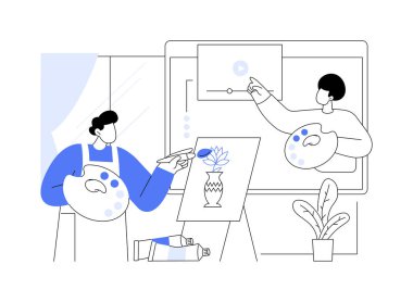 Resim dersleri karikatür vektör çizimleri. Gülümseyen çocuk internetten resim çiziyor, el yapımı ana sınıf, resim yapıyor, yaratıcı hobi ediniyor, ilham verici vektör karikatürü çiziyor..