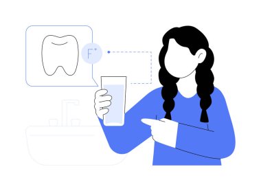 Diş çürümesi önleme soyut konsept vektör çizimi. Temiz suyla gülümseyen küçük kız içme suyu florasyonu, halk sağlığı ilacı, diş çürümesi olmayan soyut metafor..