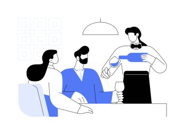 Sommelier servisi soyut konsept vektör çizimi. Sommelier çiftlerin önünde lüks şarap şişesi açıyor, servis sektörü, horeca işi, restoran müşterileri soyut metafor.