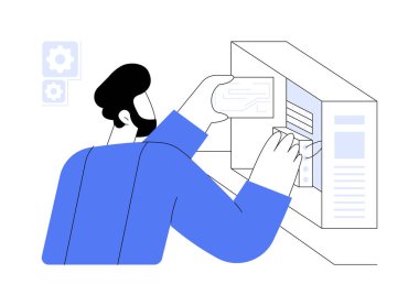 Bilgisayar donanım mühendisi soyut konsept vektör çizimi. Profesyonel donanım mühendisi test işlemcisi, bilgisayar parçaları oluşturun, aygıt bakımı ve soyut metafor onarımı.