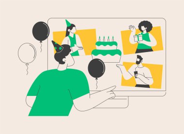 Çevrimiçi doğum günü partisi soyut konsept vektör çizimi. Sanal kutlama, mutlu insanlar, karantina olayı, doğum günü pastası mumu ve konfeti, video çağrısı, aile eğlencesi, soyut metafor..