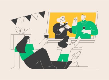 Çevrimiçi aile partisi soyut konsept vektör çizimi. Sanal ev partisi, aileler ve çocuklar, zoom 'da mutlu aile toplantısı, web video görüşmesi, uzaktan iletişim, tatil soyut metaforu.