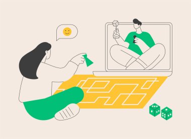 Çevrimiçi oyun konsepti soyut vektör çizimi. İnternet eğlencesi, dizüstü bilgisayar oyunu, oyun stratejisi oyunu, aile eğlence zamanı, karantina eğlencesi, soyut metafor.