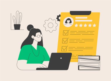 Çalışan değerlendirmesi soyut konsept vektör çizimi. Çalışan değerlendirmesi, değerlendirme formu, iş performans değerlendirmesi, SWOT analizi, işe alım yazılımı, denetçi buluşması soyut metafor.