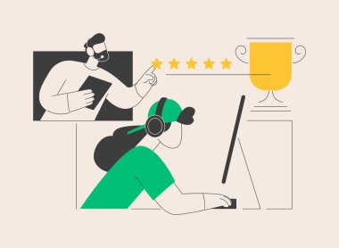 Esports oyuncusu soyut konsept vektör çizimi eğitimi alıyor. Siber sporlar, profesyonel oyunculardan alınan dersler, esport koçluğu platformu, video oyunları, turnuva galibiyeti, motivasyon soyut metaforu..