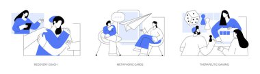 Mental health coach isolated cartoon vector illustrations set. Group of addicted diverse people at recovery session, mental health coach, metaphoric card therapy, therapeutic gaming vector cartoon.