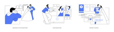 Freelance photographer isolated cartoon vector illustrations set. Self-employed man takes professional wedding photo, creative video making, filming event, drone videography business vector cartoon.