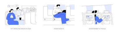 Şehirlerarası otobüs soyut konsept vektör çizimi seti. Otobüste sıcak içecekler ve atıştırmalıklar, elektrik prizleri, şarj etme tesisi, toplu taşımacılık eğlencesi, soyut metafor hizmetleri..
