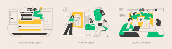 Услуги проектирования абстрактный набор векторных иллюстраций концепции. Ответственный веб-дизайн, руководство по упаковке бренда и логотип, визуальное повествование, пользовательский интерфейс и UX, веб-интерфейс разработки абстрактной метафоры.