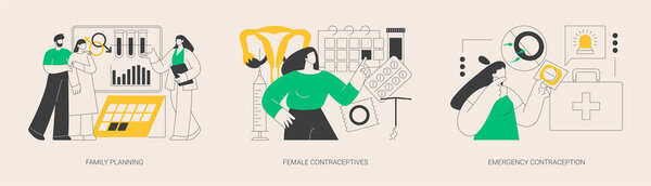 Women healthcare abstract concept vector illustration set. Family planning, female contraceptives, emergency contraception, reproductive health, fertility and pregnancy control abstract metaphor.