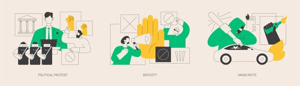 Публичное возражение и неодобрение абстрактного набора векторных иллюстраций концепции. Политический протест, бойкот, массовые беспорядки, демонстрация, массовый протест, потребительский активизм, абстрактная метафора уличных акций.