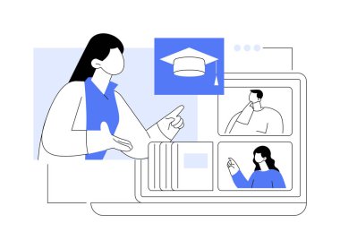 İzole edilmiş çizgi film çizimleri. Öğretmen, bilgisayar, modern öğrenci hayatı, koronavirüs sırasında eğitim süreci, sanal öğrenme vektör karikatürü ile çevrimiçi ders veriyor..