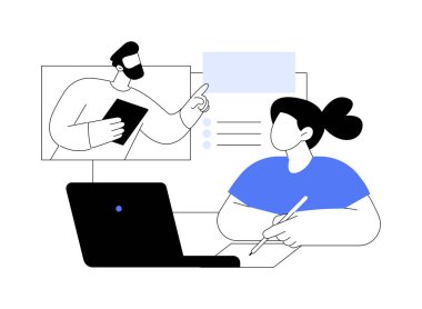 Çevrimiçi sınıflar karikatür vektör çizimlerini izole etti. Öğretmen koronavirüs salgını sırasında çevrimiçi ders veriyor, kız not alıyor, modern eğitim süreci, öğrenci hayatı çizgi filmi.