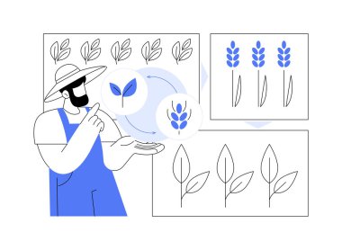 Dönen ekinler karikatür vektör çizimlerini izole etti. Çiftlikte gülümseyen adam, olgunlaşan ekinler, bir dizi farklı bitki yetiştiren, sürdürülebilir tarım, organik çevre vektörü karikatürü.