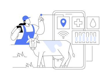 Çiftlik hayvanlarının sağlığının izlenmesi karikatür vektör çizimleri. Akıllı telefonlara sahip çiftçi ineklerin sağlığını izliyor, IoT, drone ve AI vektör karikatürü gibi teknolojileri kullanarak çiftlikleri yönetiyor..