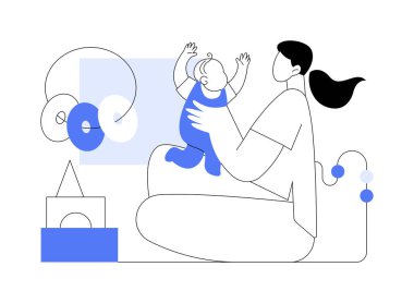 Bebek izole edilmiş vektör çizimleriyle oynamak. Gülümseyen anne bebeğiyle iyi eğlenceler, mutlu annelik, annelik rutini, günlük ev işleri, çocuk vektör çizgi filmiyle boş zaman..